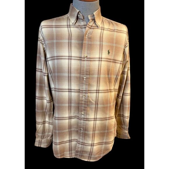 Ralph Lauren Classic Fit Flannel Plaid Button Front Shirt Sz. M Brown/Cream - Picture 6 of 8